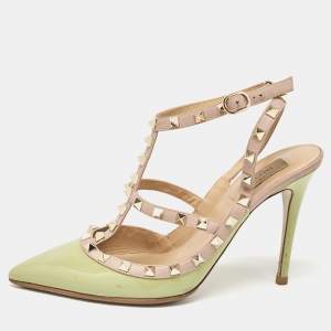 Valentino Green/Dusty Pink Patent and Leather Rockstud Ankle Strap Pumps Size 40