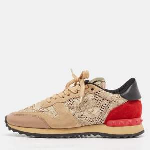 Pre Owned Valentino Multicolor Lace and Leather Rockrunner Low Top Sneakers Size 37.5