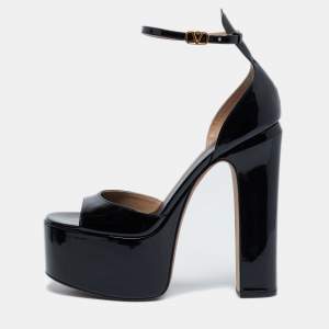 Pre Owned Valentino Black Patent Leather Tan-Go Platform Sandals Size 39