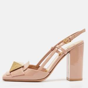 Valentino Beige Patent Leather One Stud Block Heel Pumps Size 36