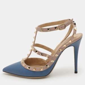 Pre Owned Valentino Blue/Beige Leather Rockstud Ankle Strap Pumps Size 39