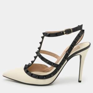 Pre Owned Valentino Cream/Black Leather Rockstud Ankle Strap Pumps Size 39