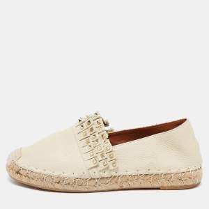 Pre Owned Valentino Cream Leather Studded Espadrille Flats Size 38