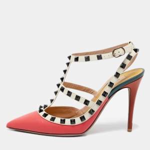 Pre Owned Valentino Multicolor Leather Rockstud Ankle Strap Pumps Size 37.5