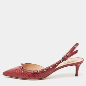 Pre Owned Valentino Burgundy Python Rockstud Slingback Pumps Size 39.5