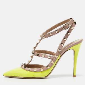 Pre Owned Valentino Green/Beige Patent and Leather Caged Rockstud  Ankle Strap Pumps Size 39