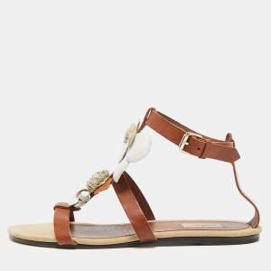 Valentino Brown Leather Flower and Leaf Strappy Flat Sandals Size 40.5