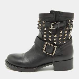Valentino Black Leather Rockstud Ankle Length Boots Size 38