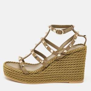 Pre Owned Valentino Green Leather Rockstud Wedge Sandals Size 38