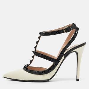 Valentino Off White/Black Leather Rockstud Caged Pumps Size 37.5