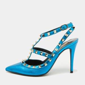 Valentino Metallic Blue Leather Rockstud Ankle Strap Pumps Size 35.5