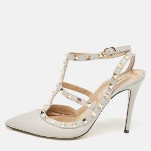 Pre Owned Valentino Grey Leather Rockstud Ankle Strap Pumps Size 39