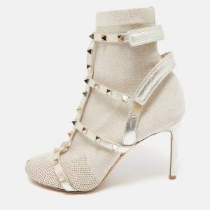 Valentino Silver/Grey Leather and Glitter Fabric Rockstud Accents Sock Boots Size 38