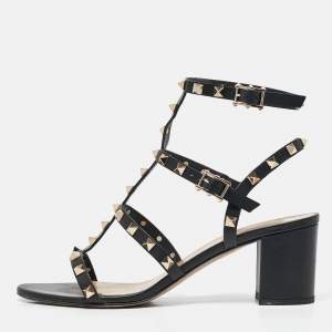 Pre Owned Valentino Black Leather Rockstud Ankle Strap Sandals Size 40