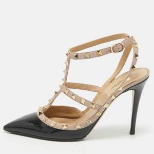 Valentino Black/Beige Leather and Patent Leather Rockstud Pumps Size 39