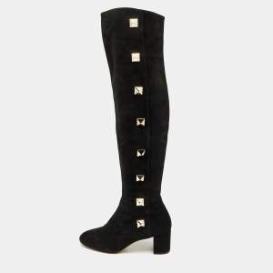 Pre Owned Valentino Black Suede Rockstud Block Heel Knee Length Boots Size 40