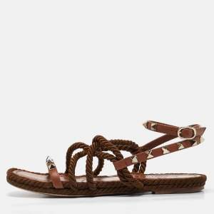 Pre Owned Valentino Brown Rope and Leather Rockstud Torchon Flat Sandals Size 37