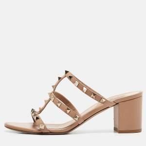 Pre Owned Valentino Beige Leather Rockstud Slide Sandals Size 39.5