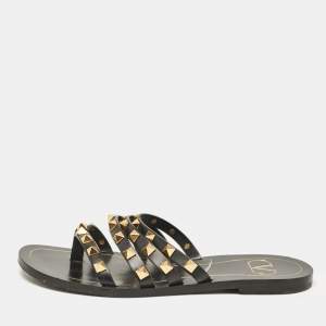 Valentino Black Leather Rockstud Strappy Flats Size 35