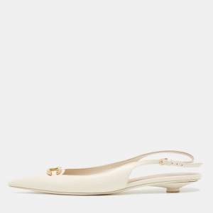 Pre Owned Valentino Off White Leather VLogo Slingback Flats Size 39