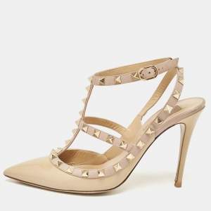 Valentino Beige Patent Leather Rockstud Ankle Strap Pumps Size 39.5