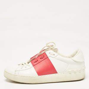 Valentino White/Red Leather Rockstud Lace Up Sneakers Size 39