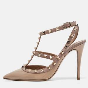 Pre Owned Valentino Beige Patent And Leather Rockstud  Ankle Strap Pumps Size 38