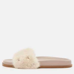 Valentino White Mink Fur Rockstud Flat Slides Size 38.5