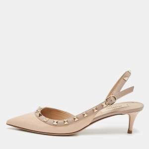 Pre Owned Valentino Beige Patent and Leather Rockstud Slingback Pumps Size 37