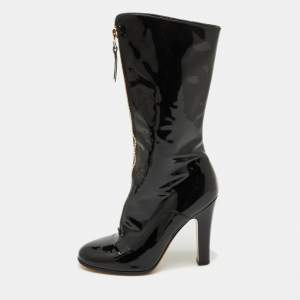 Valentino Black Patent Leather Zip Detail Mid Calf Length Boots Size 40