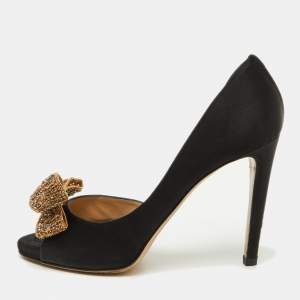 Valentino Black Satin Crystal Embellished Bow D'Orsay Pumps Size 39.5