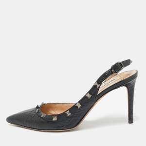 Pre Owned Valentino Black Snakeskin and Leather Rockstud Slingback Pumps Size 38.5