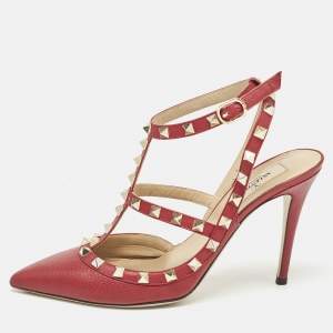 Valentino Burgundy Leather Rockstud Slingback Pumps Size 38.5