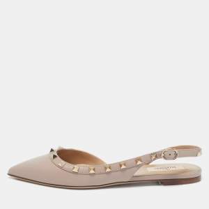 Pre Owned Valentino Beige Leather Rockstud Pointed Toe Slingback Flats Size 36.5