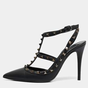 Pre Owned Valentino Black Leather Rockstud Ankle Strap Pumps Size 39