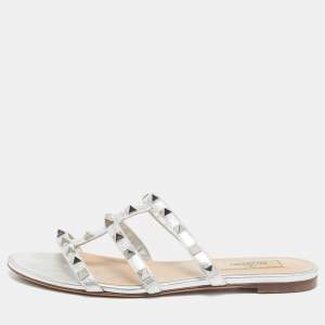 Pre Owned Valentino Silver Leather Rockstud Slide Flats Size 36