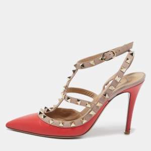 Valentino Red/Beige Leather Rockstud Ankle Strap Pumps Size 37