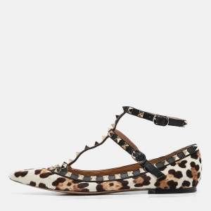 Pre Owned Valentino Multicolor Calf Hair and Leather Rockstud Ankle Strap Ballet Flats Size 38