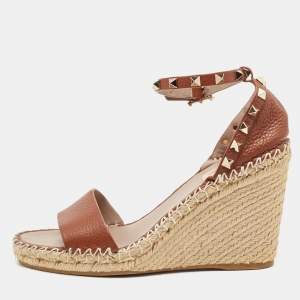 Pre Owned Valentino Brown Leather Rockstud Ankle Strap Espadrille Wedge Sandals Size 39