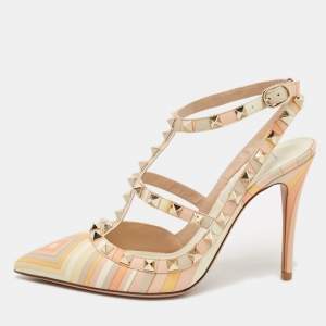 Valentino Multicolor Native Couture 1975 Print Leather Rockstud Ankle Strap Sandals Size 35.5