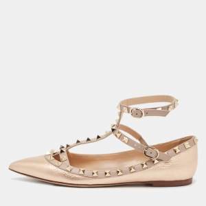 Pre Owned Valentino Rose Gold/Pink Leather Rockstud Ballet Flats Size 37