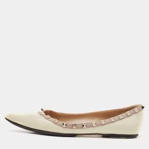 Valentino White/Beige Leather Rockstud Pointed Toe Ballet Flats Size 38