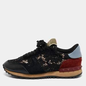 Valentino Black Leather And Lace Rockrunner Sneakers Size 36.5