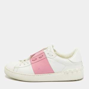Valentino White/Red Leather Rockstud Lace Up Sneakers Size 39