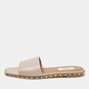 Pre Owned Valentino Beige Leather Rockstud Flat Slides Size 36.5