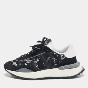 Pre Owned Valentino Black Lace and Suede Lacerunner Low Top Sneakers Size 40