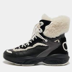 Pre Owned Valentino Black Leather and Shearling VLogo High Top Sneakers Size 39