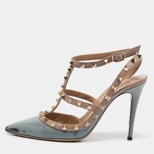 Valentino Pale Blue/Beige Patent Leather Rockstud Ankle Strap Pumps Size 38