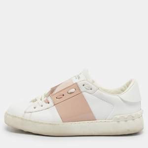 Valentino White/Beige Leather Rockstud Low Top Sneakers Size 38.5