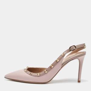 Pre Owned Valentino Pink/Beige Leather Rockstud Ankle Strap Pumps Size 39